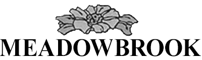 A logo with a flower and the text "MEADOWBROOK" in black.